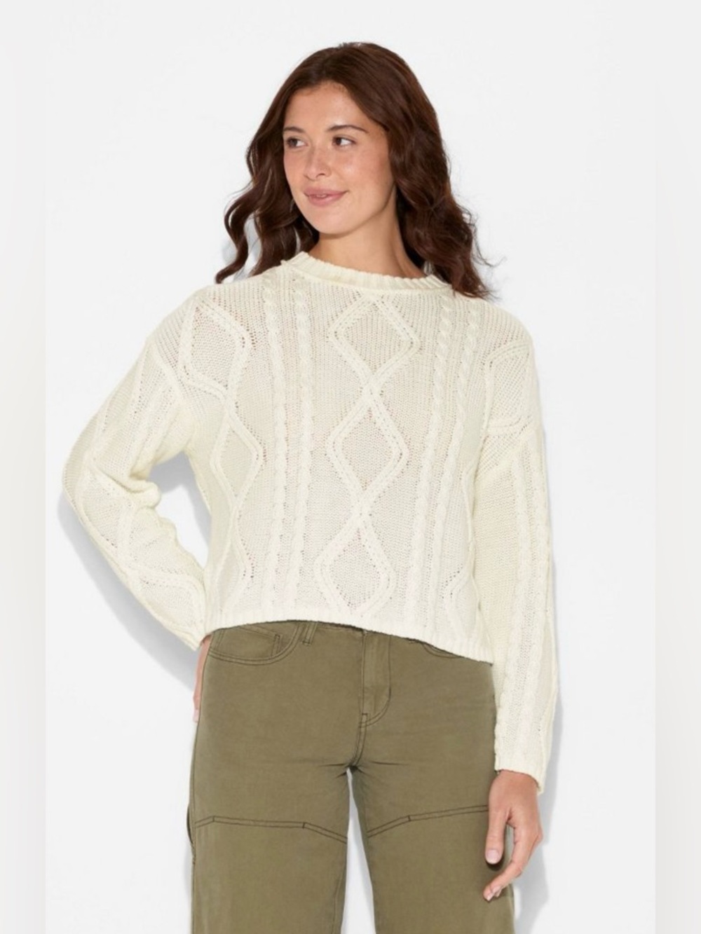 Women's Crewneck Cotton Cable
Pullover Sweater - Wild Fable Off White Size Large